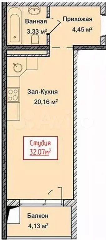 Квартира-студия, 32,1 м, 4/13 эт. - Фото 1