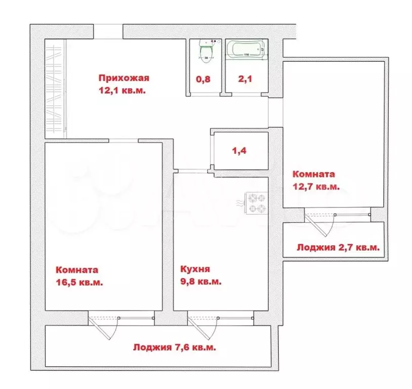 2-к. квартира, 57 м, 2/3 эт. - Фото 0