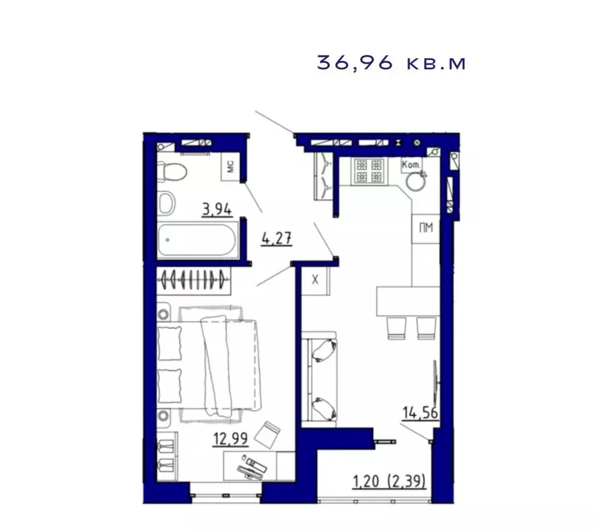 1-комнатная квартира: Аксай, ЖК Авиатор (36.96 м) - Фото 0