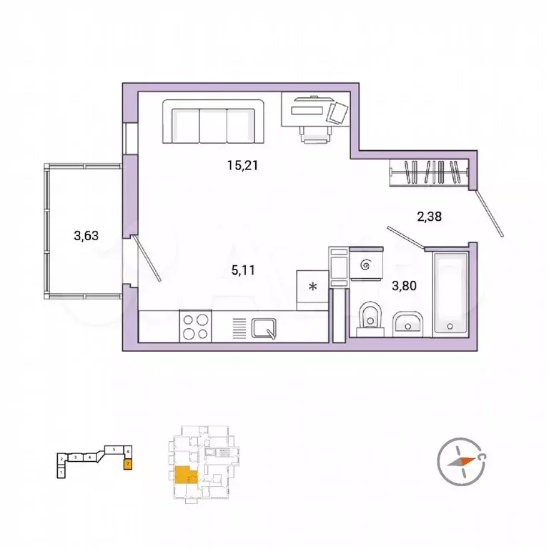 Квартира-студия, 27,7 м, 3/10 эт. - Фото 0