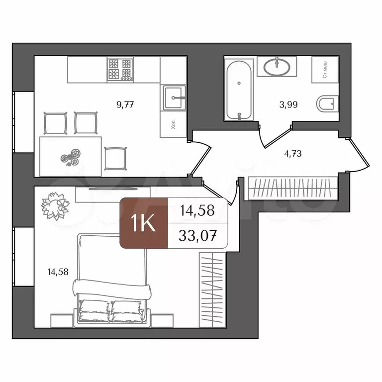 1-к. квартира, 33,1 м, 2/21 эт. - Фото 1