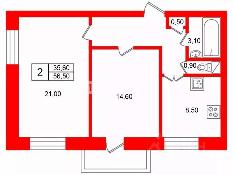 2-к кв. Санкт-Петербург Автовская ул., 22 (56.5 м) - Фото 2