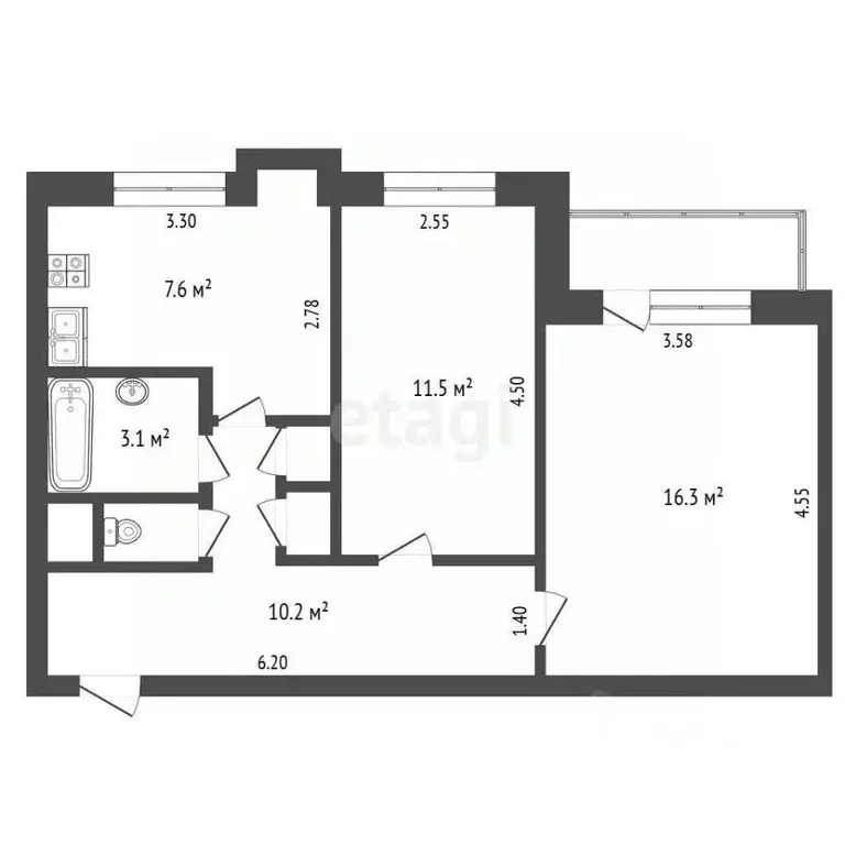 2-к кв. Кемеровская область, Кемерово Комсомольский проезд, 5 (48.7 м) - Фото 2
