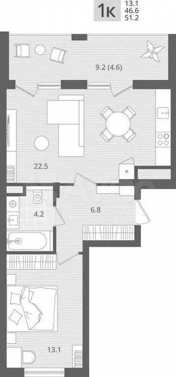 1-к. квартира, 51,2м, 2/7эт. - Фото 1