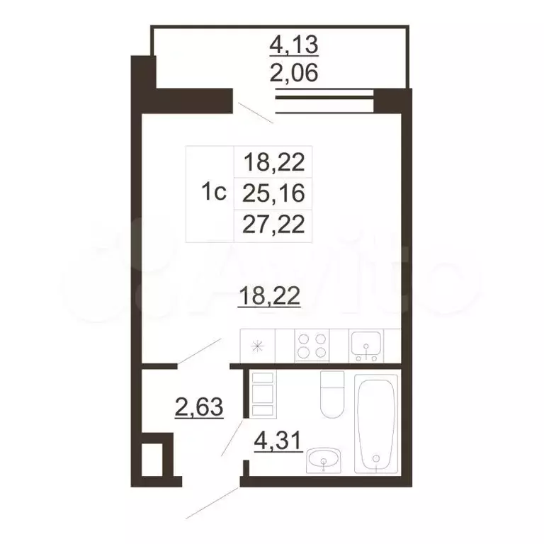 Квартира-студия, 27,2 м, 6/6 эт. - Фото 0