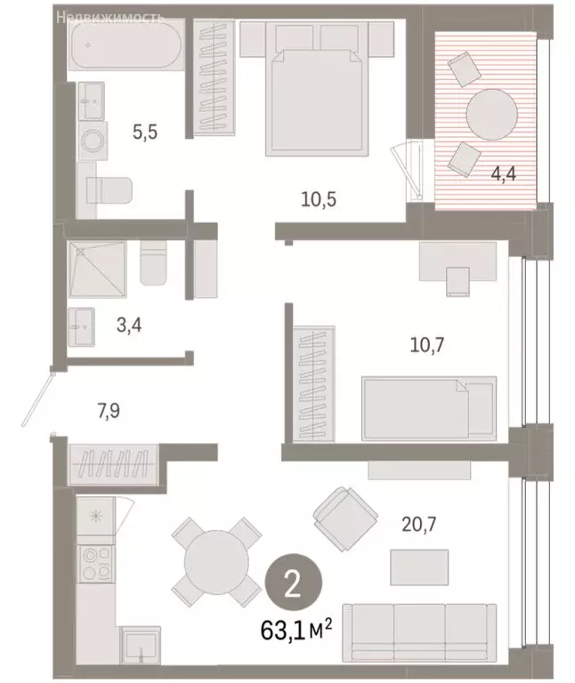2-комнатная квартира: Тюмень, улица Муравленко, 9/2 (63.12 м) - Фото 1