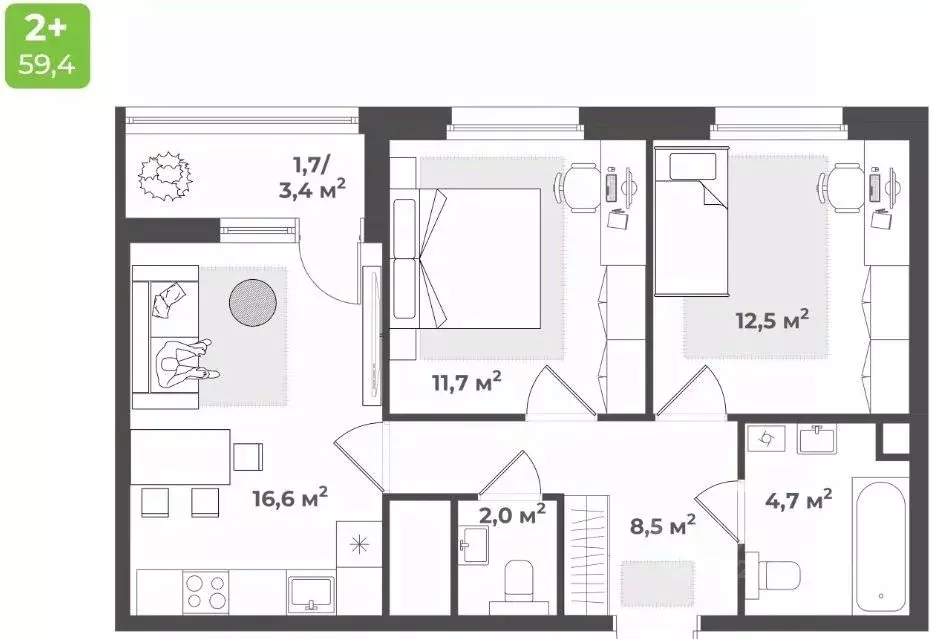 2-к кв. Тверская область, Тверь ул. 2-я Красина, 64 (60.0 м) - Фото 2