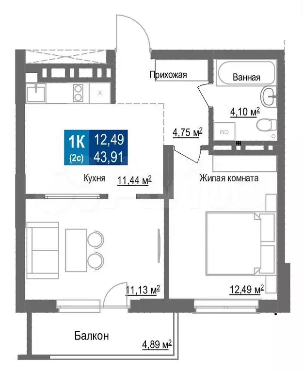 1-к. квартира, 43,9 м, 7/25 эт. - Фото 0