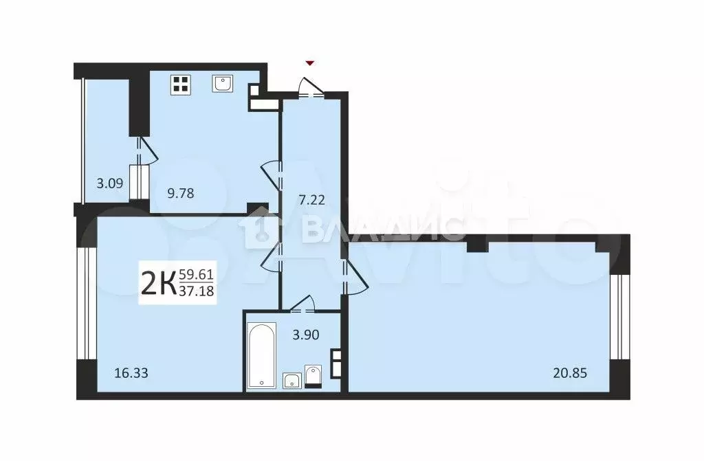 2-к. квартира, 59,6 м, 4/8 эт. - Фото 0