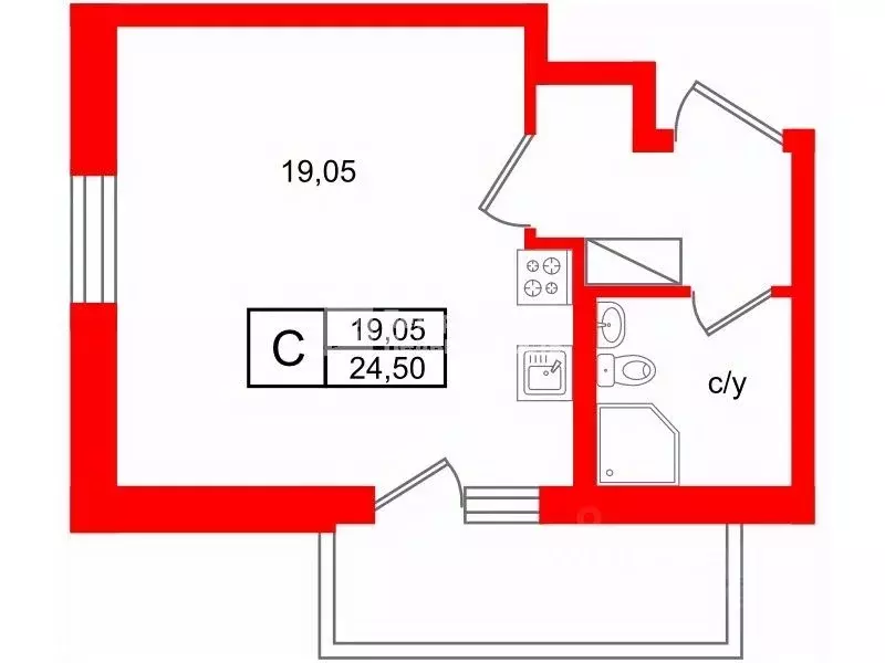 Студия Санкт-Петербург ул. Генерала Кравченко, 8 (24.5 м) - Фото 2