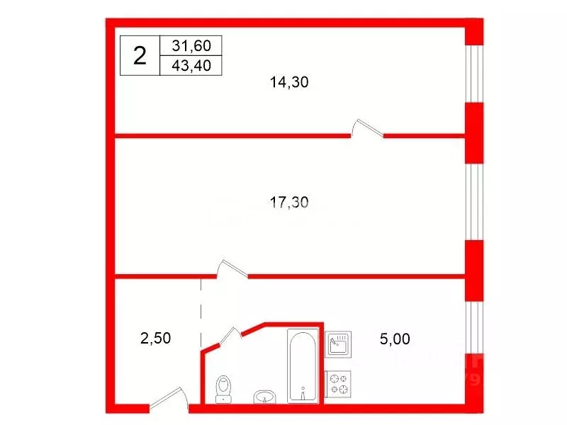 2-к кв. Ленинградская область, Гатчина ул. Рощинская, 34 (43.4 м) - Фото 1