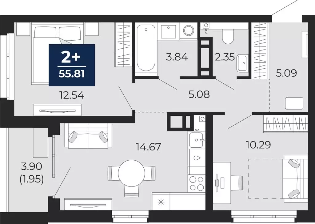 2-комнатная квартира: Тюмень, Арктическая улица, 12 (55.81 м) - Фото 1