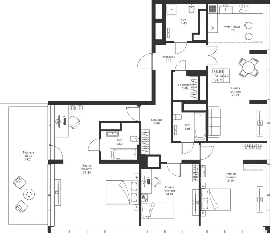 4-комнатная квартира: Казань, ЖК Мой Ритм (136.64 м) - Фото 0