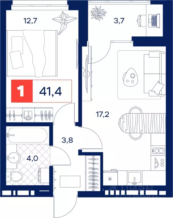 1-к кв. Тюменская область, Тюмень  (41.4 м) - Фото 0