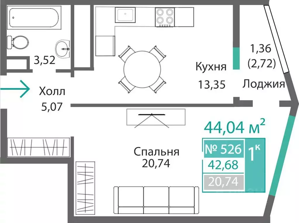1-к кв. Крым, Симферополь Крымская роза мкр,  (44.04 м) - Фото 0