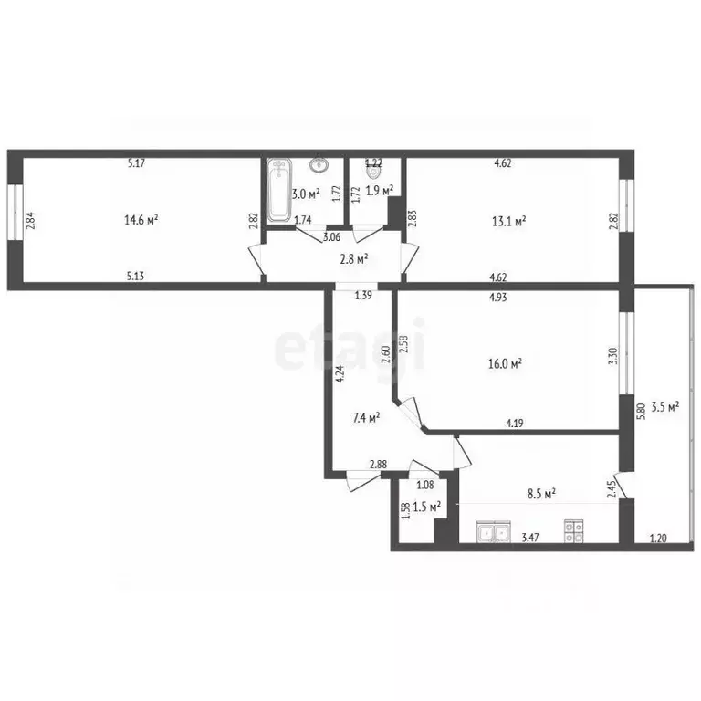 3-к кв. Татарстан, Альметьевск Алсу мкр, ул. Рината Галеева, 33 (68.8 ... - Фото 2