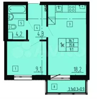 1-к. квартира, 36,7 м, 2/8 эт. - Фото 1