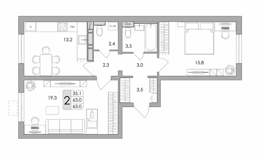 2-к кв. воронежская область, воронеж ул. шишкова, 140б/16 (63.0 м) - Фото 0