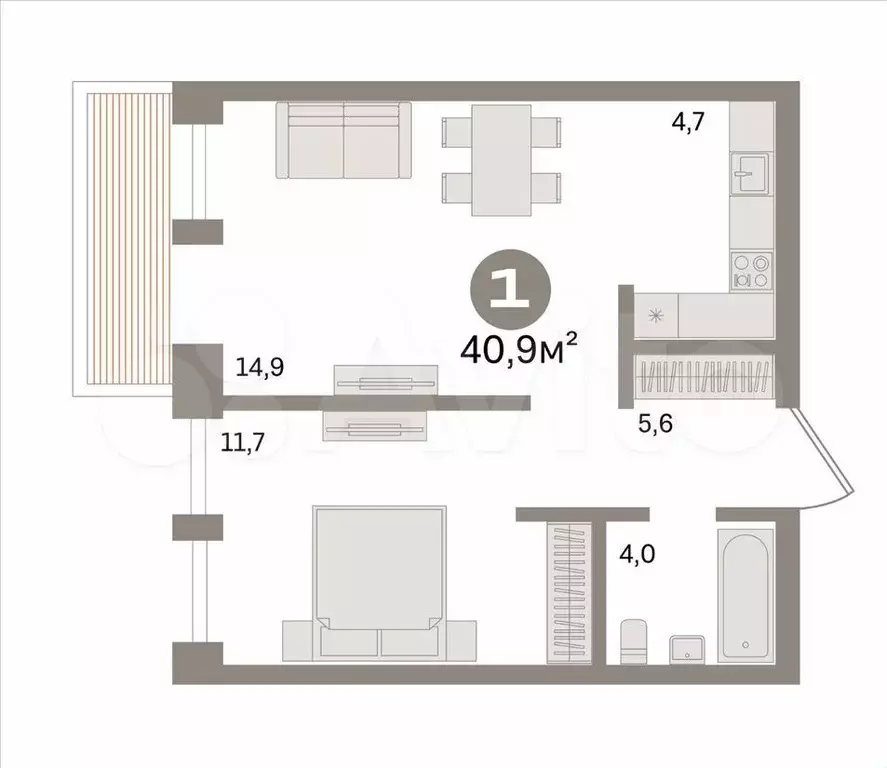 1-к. квартира, 40,9 м, 7/9 эт. - Фото 0