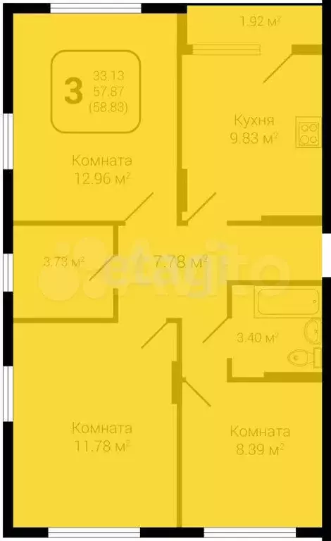 3-к. квартира, 60 м, 13/20 эт. - Фото 0