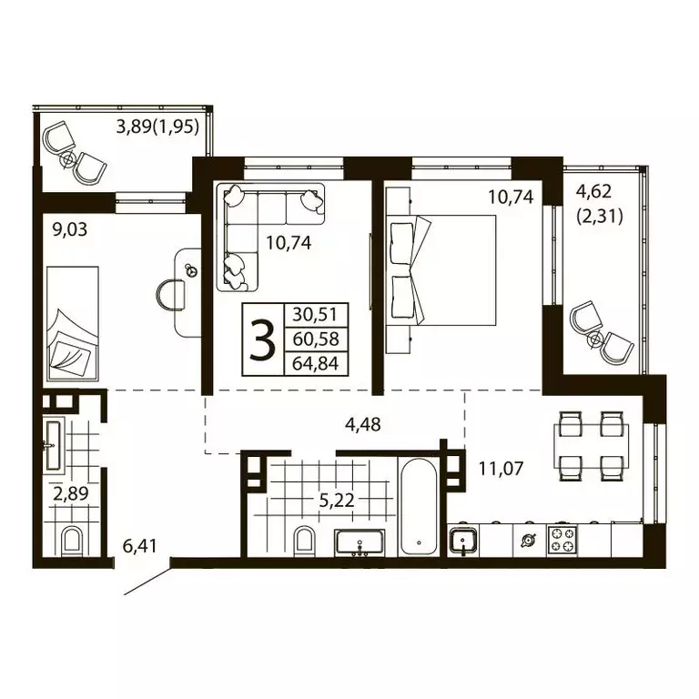 3-к квартира, 63.71 м - Фото 0