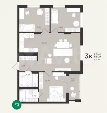 3-к. квартира, 87,2 м, 3/4 эт. - Фото 1