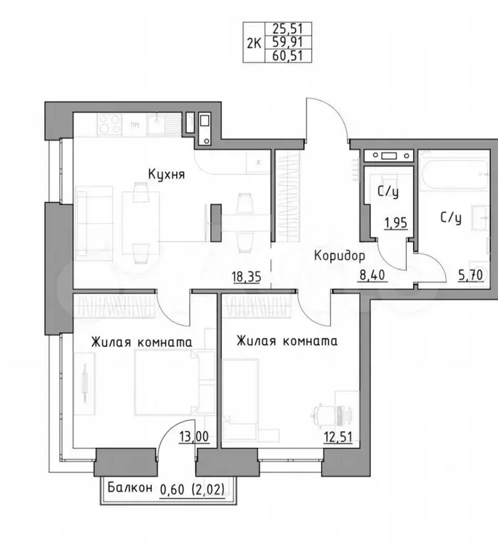 3-к. квартира, 60,3 м, 4/6 эт. - Фото 1