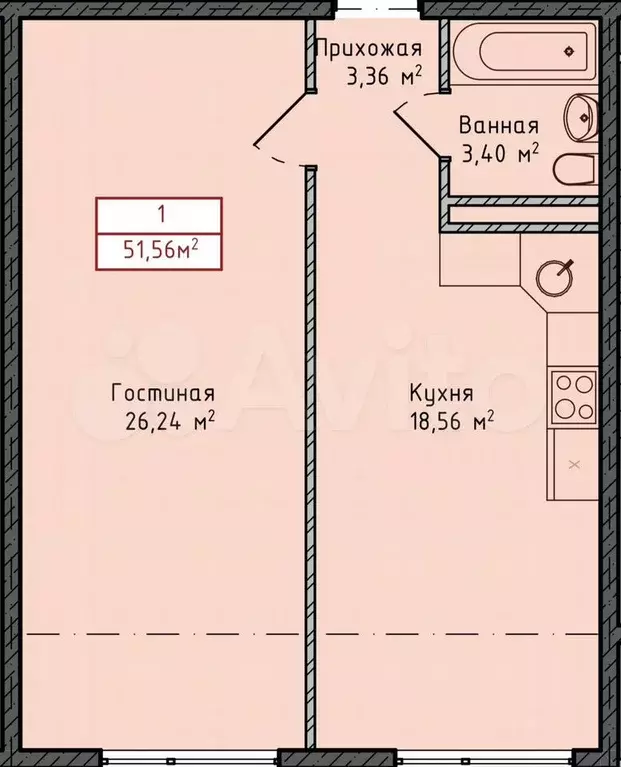 1-к. квартира, 51,6 м, 3/8 эт. - Фото 1