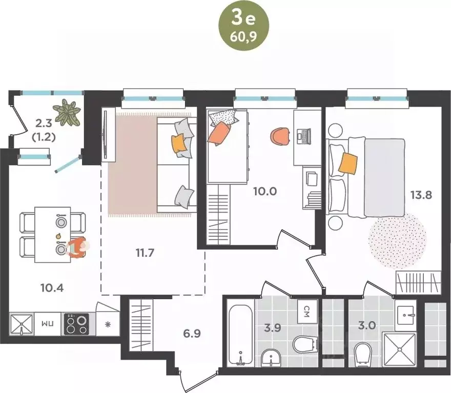 3-к кв. Пермский край, Пермь ул. Куфонина, 1 (60.9 м) - Фото 1