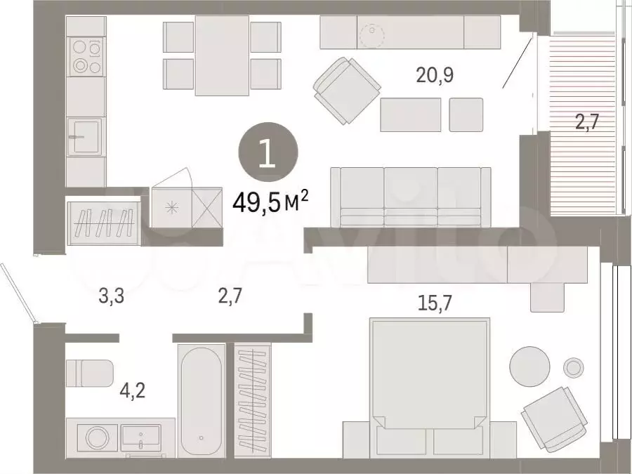 1-к. квартира, 49,5 м, 3/17 эт. - Фото 1