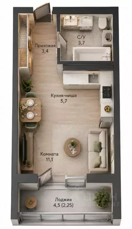 Студия Новосибирская область, Новосибирск Бронная ул., 22/1 (24.0 м) - Фото 2
