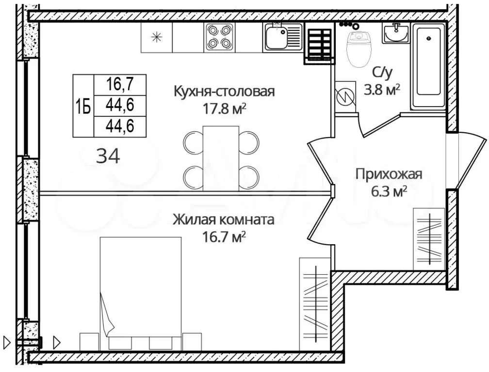 1-к. квартира, 44,6 м, 5/16 эт. - Фото 1