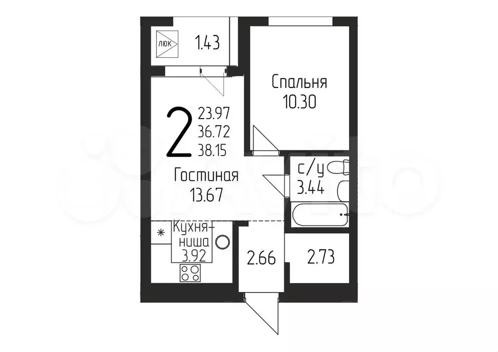 2-к. квартира, 38,2 м, 13/24 эт. - Фото 0