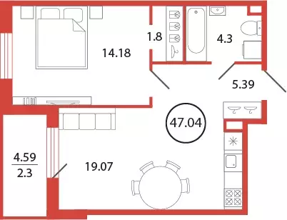 1-к квартира, 47.04 м - Фото 0