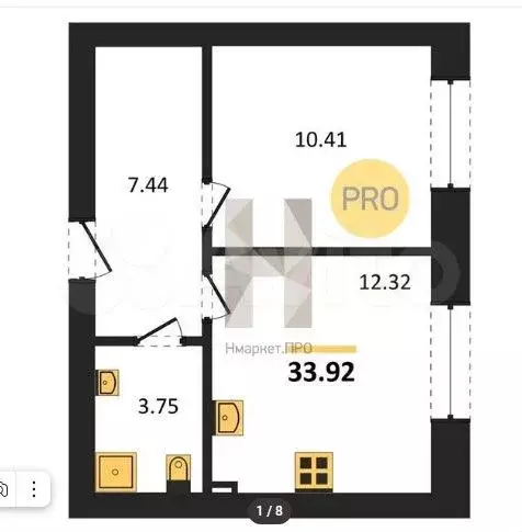 1-к. квартира, 33,9 м, 1/5 эт. - Фото 1
