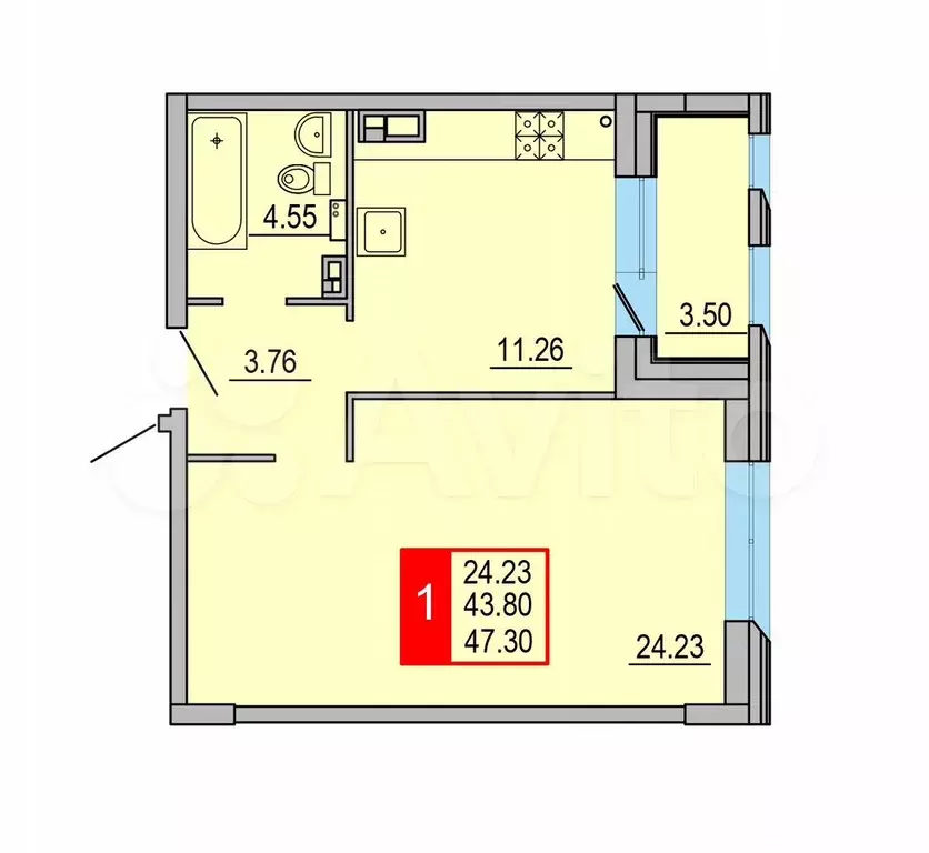 1-к. квартира, 47,3 м, 4/8 эт. - Фото 1