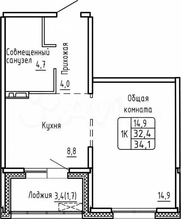 1-к. квартира, 34,1 м, 8/17 эт. - Фото 0