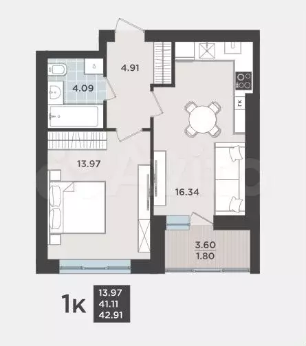 1-к. квартира, 41,1 м, 1/9 эт. - Фото 1