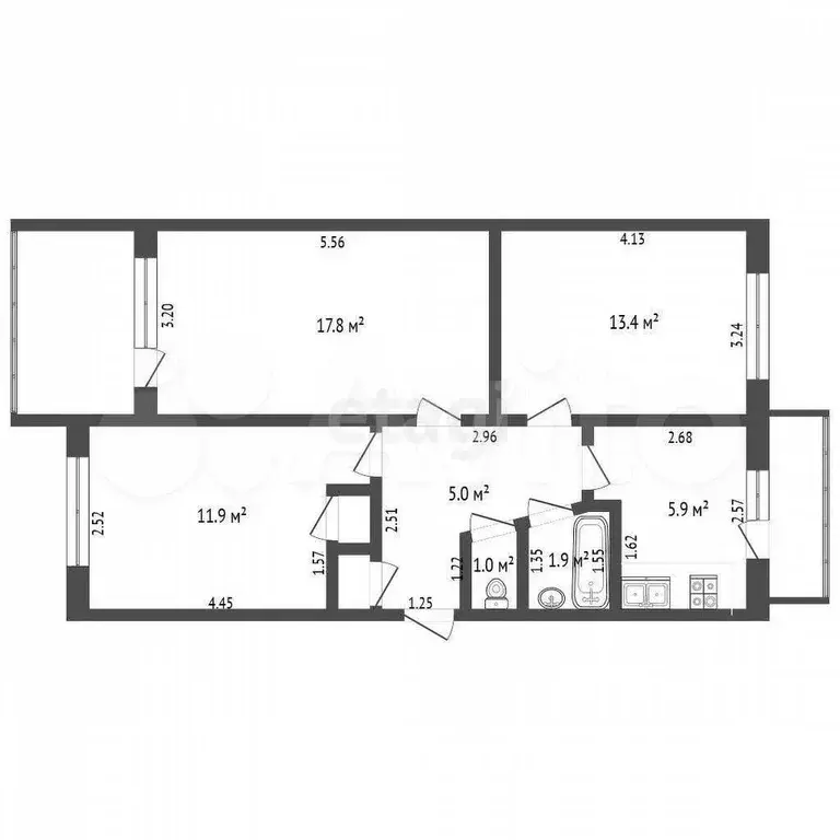 3-к. квартира, 57,7 м, 4/5 эт. - Фото 0
