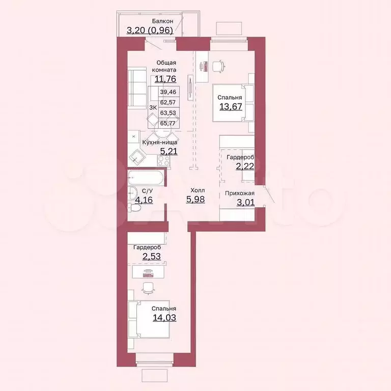 2-к. квартира, 63,5 м, 9/10 эт. - Фото 1