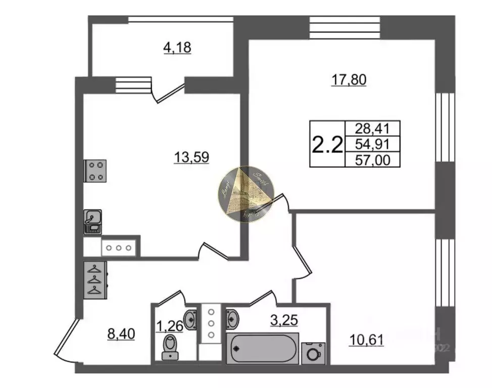 Квартира, 2 комнаты, 54.9 м - Фото 1