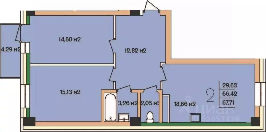 2-к кв. Бурятия, Улан-Удэ 140А мкр, 42к1 (67.71 м) - Фото 1