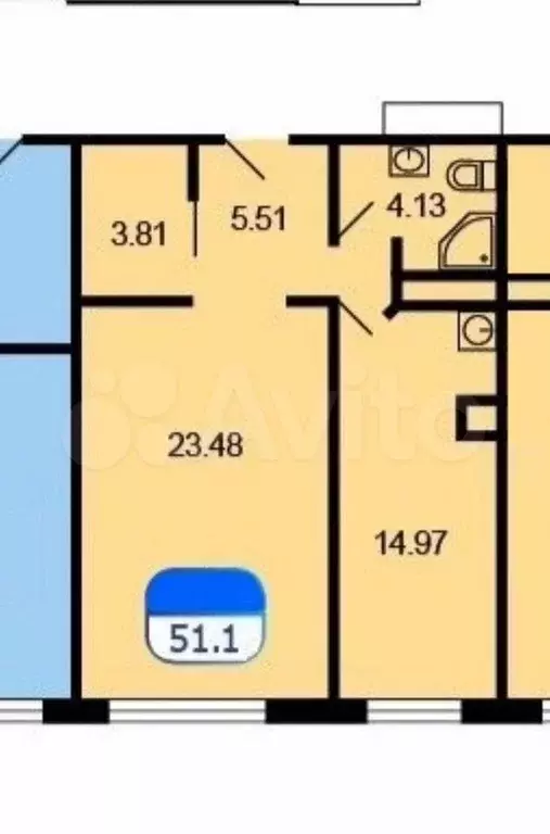 1-к. квартира, 51,1 м, 2/4 эт. - Фото 0