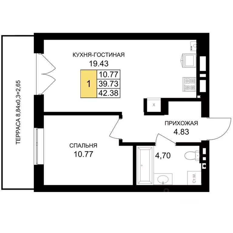 1-к кв. Калининградская область, Гурьевск Включи жилой комплекс (42.38 ... - Фото 0