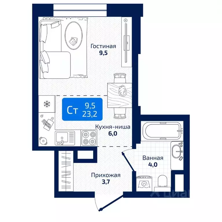 Студия Самарская область, Самара ул. 8-я Радиальная, 31 (23.2 м) - Фото 1