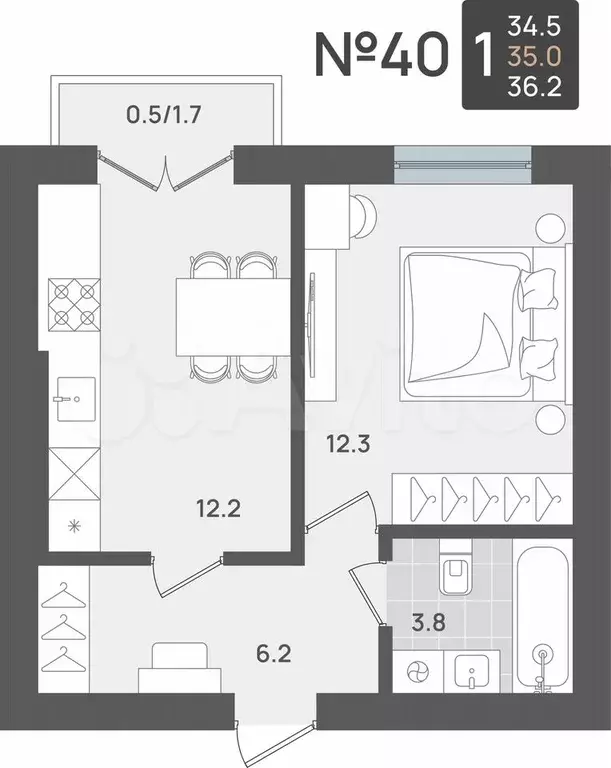 1-к. квартира, 35 м, 2/5 эт. - Фото 0