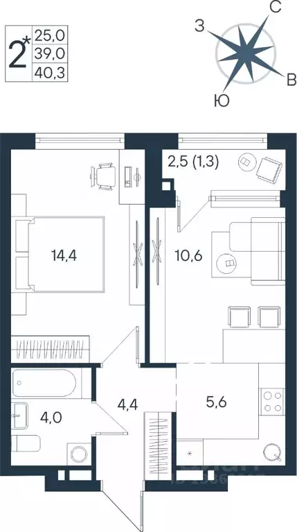 2-к кв. Пермский край, Пермь ул. Космонавта Беляева, 17 (40.3 м) - Фото 0