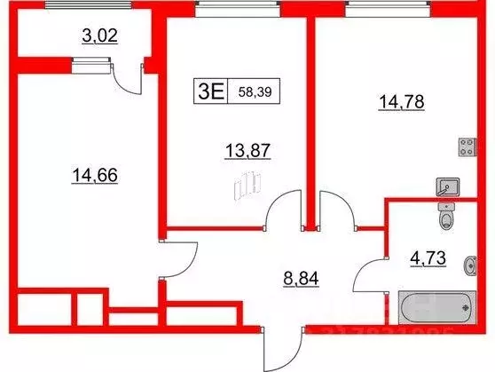 Квартира, 2 комнаты, 58.4 м - Фото 0