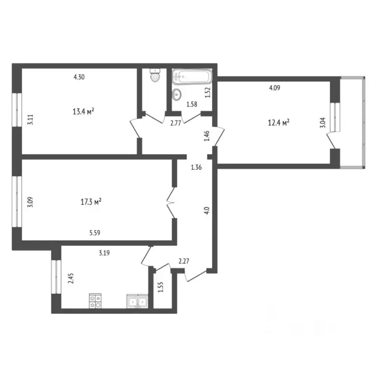 3-к кв. Тюменская область, Тюмень ул. Энергетиков, 51 (66.3 м) - Фото 2