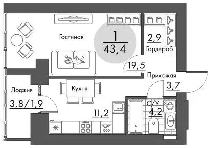 Продаётся 1-к квартира, 43.4 м - Фото 0